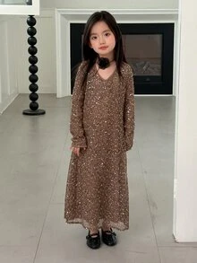 DAZY Gaun Pesta Kasual Berpayet untuk Anak Perempuan Remaja - Khaki - View 6