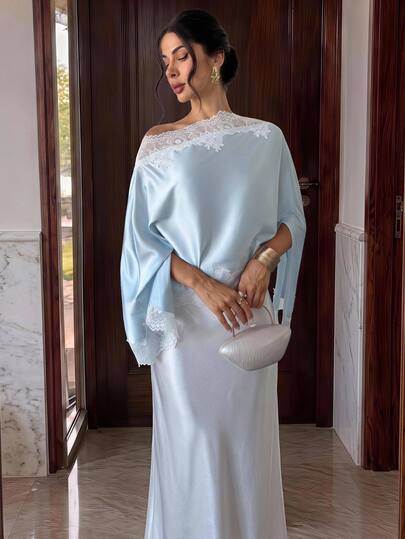 Firerie Women's New Autumn Long Sleeve Asymmetrical Collar Lace Patchwork Loose Fit Blouse, Light Blue Satin Fabric Exquisite Romantic Women's Blouse, Suitable For Date And Party Wear