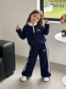 SHEIN Elladie kids 2件組少女針織衛衣 單面刷毛 對比色半拉鍊上衣 胸前可愛蝴蝶結印花，皇家藍與白色，秋季套裝 - 藏蓝色 - 查看 2