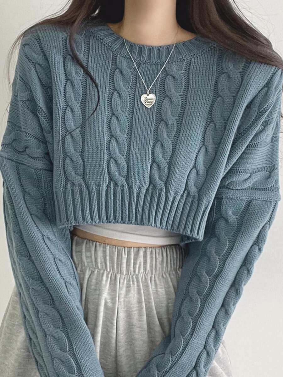 DAZY Women's Short Knit Sweater With Round Neck In Blue,Three Quarter Sleeve Tops,Fall Clothes Crop Women Tops - Dusty Blue - View 1