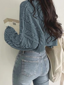 DAZY Women's Short Knit Sweater With Round Neck In Blue,Three Quarter Sleeve Tops,Fall Clothes Crop Women Tops - Dusty Blue - View 2