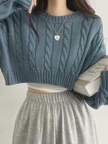 DAZY Women's Short Knit Sweater With Round Neck In Blue,Three Quarter Sleeve Tops,Fall Clothes Crop Women Tops - Dusty Blue - View 4