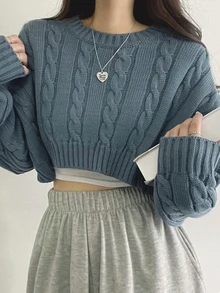 DAZY Women's Short Knit Sweater With Round Neck In Blue,Three Quarter Sleeve Tops,Fall Clothes Crop Women Tops - Dusty Blue - View 3