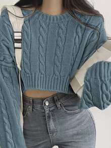 DAZY Women's Short Knit Sweater With Round Neck In Blue,Three Quarter Sleeve Tops,Fall Clothes Crop Women Tops - Dusty Blue - View 5