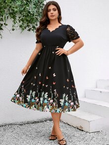 SHEIN Clasi 大尺碼女裝蝴蝶印花拼接蕾絲短袖裙 - 黑色 - 查看 4