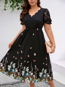 SHEIN Clasi 大尺碼女裝蝴蝶印花拼接蕾絲短袖裙 - 黑色 - 查看 8