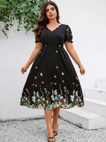 SHEIN Clasi 大尺碼女裝蝴蝶印花拼接蕾絲短袖裙 - 黑色 - 查看 3