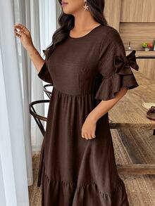 Weeklong Plus Size Women's Solid Color Round Neck Bow Decor Short Sleeve Elegant Dress - Brown - View 6
