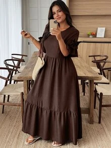 Weeklong Plus Size Women's Solid Color Round Neck Bow Decor Short Sleeve Elegant Dress - Brown - View 1