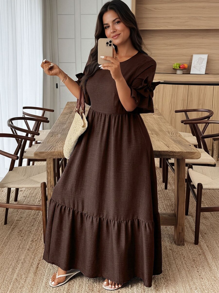 Weeklong Plus Size Women's Solid Color Round Neck Bow Decor Short Sleeve Elegant Dress - Brown - View 1