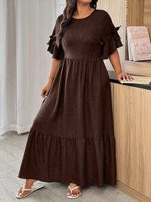 Weeklong Plus Size Women's Solid Color Round Neck Bow Decor Short Sleeve Elegant Dress - Brown - View 5