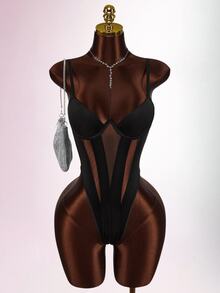 Amplova Women's Solid Color Hollow Casual Versatile Daily Bodysuit - Black - View 8