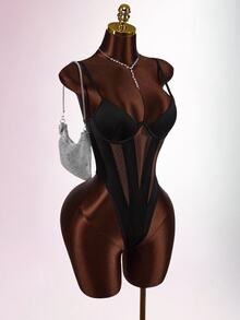 Amplova Women's Solid Color Hollow Casual Versatile Daily Bodysuit - Black - View 2