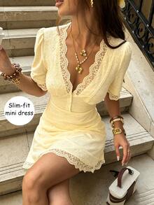 Pariaura Women's Minimalist French Lace Trim V-Neck Dress - Light Yellow - View 1