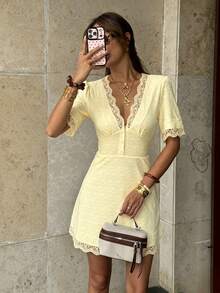 Pariaura Women's Minimalist French Lace Trim V-Neck Dress - Light Yellow - View 5