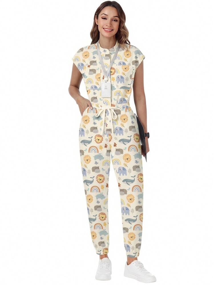 TaskEZ Scrub Jumpsuit, Women's Nurse Scrub Uniform Cute Animal Lion Rhinoceros Rainbow Print Pattern Surgical Scrub, Staff Scrub Uniform Matte Print Jumpsuit With Shoulder Sleeves, 4 Pockets And Waist Drawstring - Multicolor - View 5