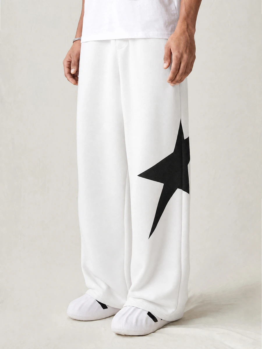 Maija Kids Maija Kids Teen Boy 1pc Casual Sports Street Comfortable Versatile Super Cost-Effective Loose Fit Side Printed Star Pattern Casual Straight Loose Sweatpants , Back To School , Fall Autumn/Winter - White - View 1