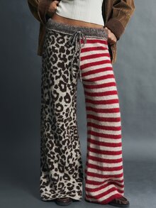 Bohemela White And Brown Pattern Drawstring Waist Knit Pants Everyday Home Holiday Autumn Grunge Casual Everyday Night Out Everyday - Red and White - View 3