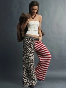 Bohemela White And Brown Pattern Drawstring Waist Knit Pants Everyday Home Holiday Autumn Grunge Casual Everyday Night Out Everyday - Red and White - View 5
