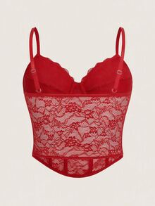 SHEIN ICON Black Corset Plus Lace Cami Top - Red - View 7