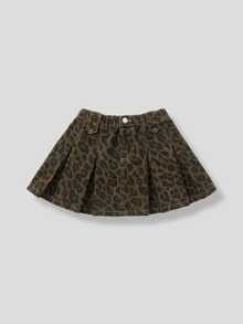 Maija Kids Maija Kids Young Girl Leopard Print Pleated Casual Denim Skirt - Multicolor - View 2