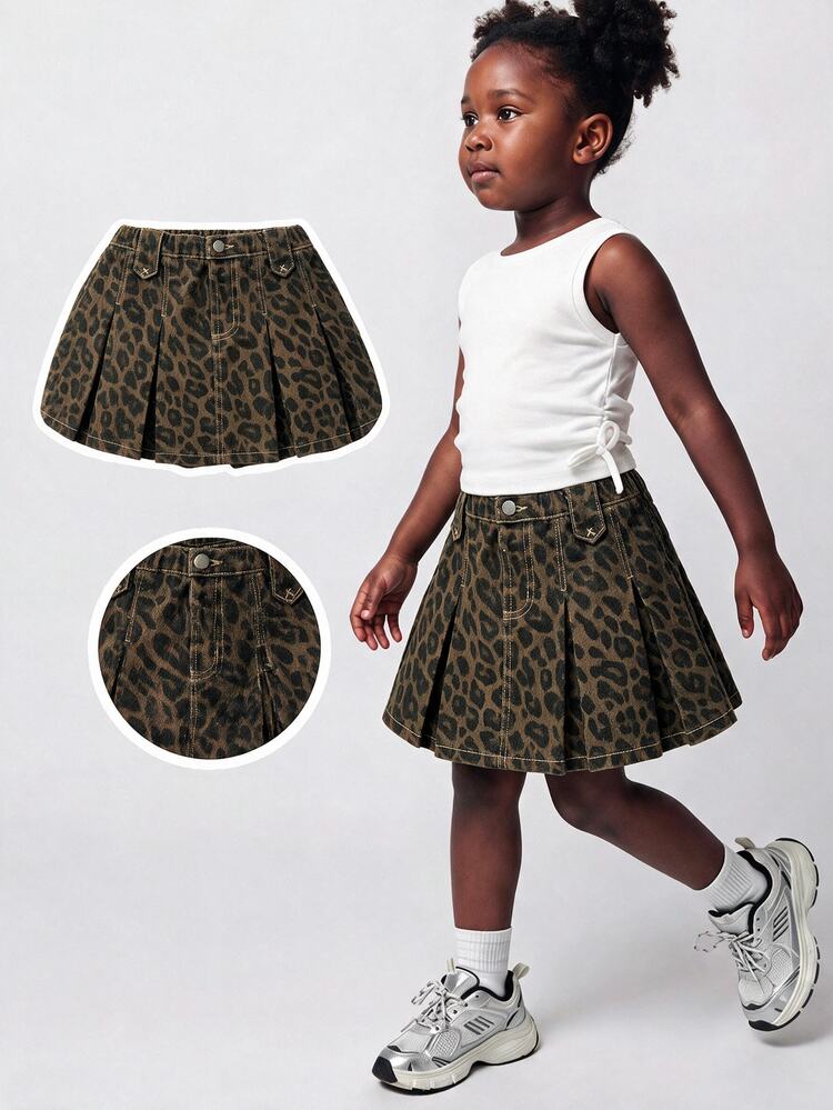 Maija Kids Maija Kids Young Girl Leopard Print Pleated Casual Denim Skirt - Multicolor - View 1