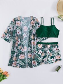 Swim Lushoire 女士夏季海滩度假热带印花比基尼泳衣和和服罩衫三件套度假套装 女士三件套花卉三件套 女士夏季三件套 热带三件套 - 彩色 - 查看 5