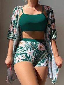 Swim Lushoire 女士夏季海滩度假热带印花比基尼泳衣和和服罩衫三件套度假套装 女士三件套花卉三件套 女士夏季三件套 热带三件套 - 彩色 - 查看 1