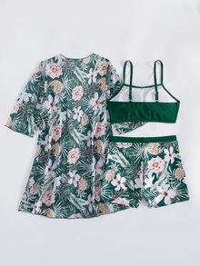 Swim Lushoire 女士夏季海滩度假热带印花比基尼泳衣和和服罩衫三件套度假套装 女士三件套花卉三件套 女士夏季三件套 热带三件套 - 彩色 - 查看 7