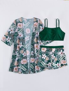 Swim Lushoire 女士夏季海滩度假热带印花比基尼泳衣和和服罩衫三件套度假套装 女士三件套花卉三件套 女士夏季三件套 热带三件套 - 彩色 - 查看 6