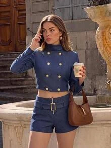 SHEIN MOD Women's Double-Breasted Blazer And Shorts Suit Set Brunch Navy Blue Summer Elegant Preppy - Navy Blue - View 2