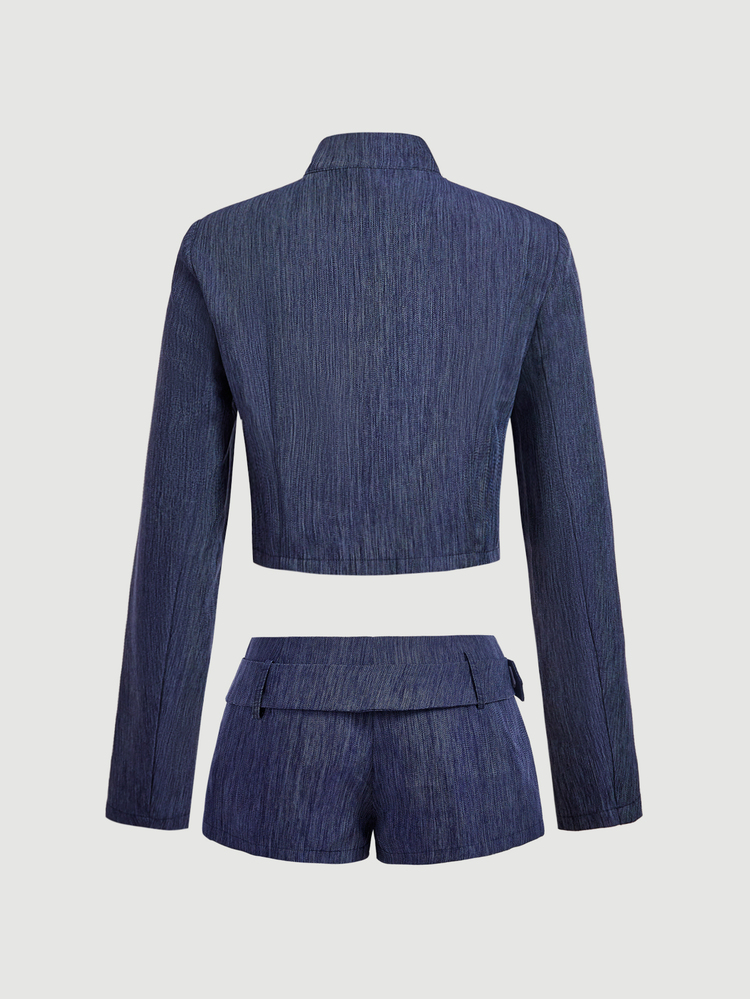 SHEIN MOD Women's Double-Breasted Blazer And Shorts Suit Set Brunch Navy Blue Summer Elegant Preppy - Navy Blue - View 4
