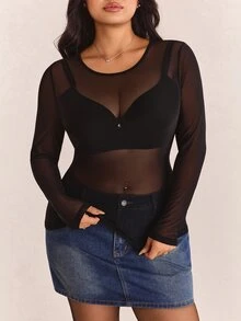 CovetEZ Plus-Size Women's Black Sexy See-Through Lace Top, Suitable For Layering Or Wearing Alone. - Black - View 4