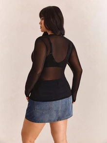 CovetEZ Plus-Size Women's Black Sexy See-Through Lace Top, Suitable For Layering Or Wearing Alone. - Black - View 3