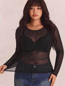 CovetEZ Plus-Size Women's Black Sexy See-Through Lace Top, Suitable For Layering Or Wearing Alone. - Black - View 8