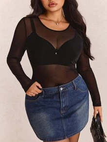 CovetEZ Plus-Size Women's Black Sexy See-Through Lace Top, Suitable For Layering Or Wearing Alone. - Black - View 6