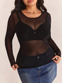 CovetEZ Plus-Size Women's Black Sexy See-Through Lace Top, Suitable For Layering Or Wearing Alone. - Black - View 7