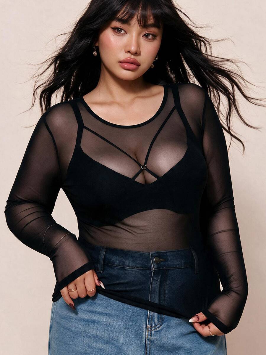 CovetEZ Plus-Size Women's Black Sexy See-Through Lace Top, Suitable For Layering Or Wearing Alone.