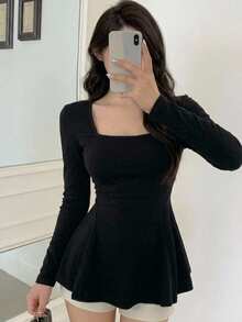 DAZY Solid Square Neck Peplum Tee Fall - Black - View 1