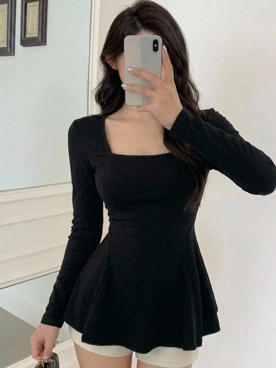 DAZY Solid Square Neck Peplum Tee Fall - Black - View 1