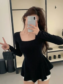 DAZY Solid Square Neck Peplum Tee Fall - Black - View 4