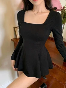 DAZY Solid Square Neck Peplum Tee Fall - Black - View 6