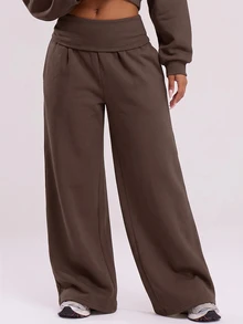 MUSERA Extreme Wide Leg Fold Over Waist Pants Vacation Boho Elegant Holiday Airport Spring Casual Summer - Brown - View 2