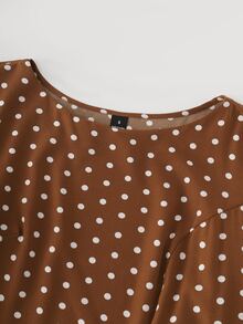 SHEIN PariChic Women's Elegant Brown Polka Dot Split A-Line Dress With Bowknot Long Sleeve Inner Layer, Commuter Dress - Ivory White - View 4