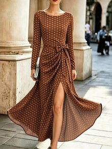 SHEIN PariChic Women's Elegant Brown Polka Dot Split A-Line Dress With Bowknot Long Sleeve Inner Layer, Commuter Dress - Ivory White - View 3