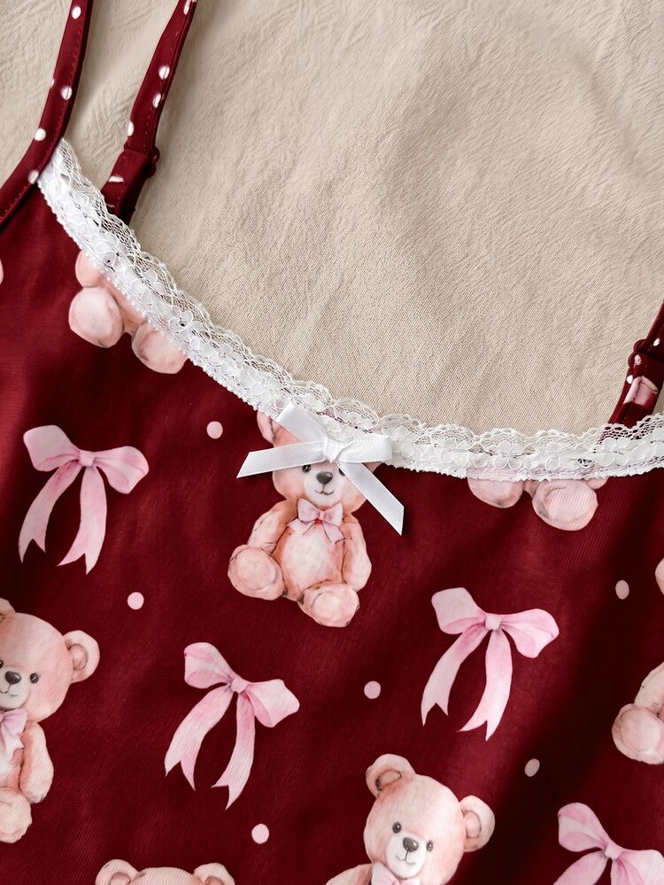 SHEIN Teen Girl Polka Dot Bow Bear Print Camisole & Shorts Set - Red - View 3