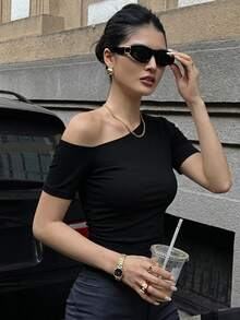 DAZY Women's Simple Solid Color Asymmetric Shoulder Tight Cropped Short Sleeve T-Shirt, Summer School - Black - View 3
