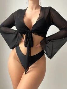 SHEIN Swim Summer Beach Women's Lettuce Edge Front Tie Kimono Dress - Black - View 5