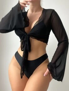 SHEIN Swim Summer Beach Women's Lettuce Edge Front Tie Kimono Dress - Black - View 6