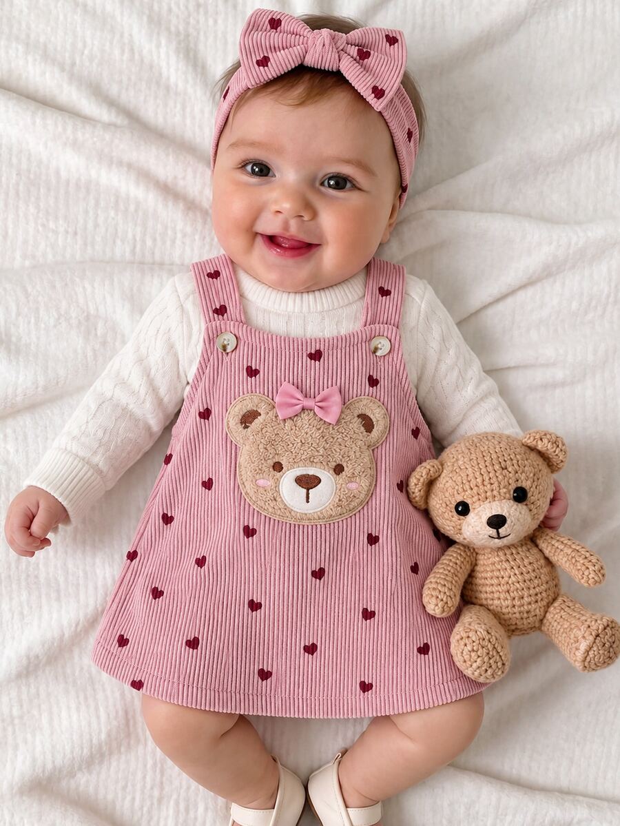 SHEIN 2pcs Baby Girl Pinafore Dress Sweater Cute Sweet Pink White Heart Print Bear Bow Sleeveless Turtleneck Birthday Fall Winter Christmas Holiday Corduroy